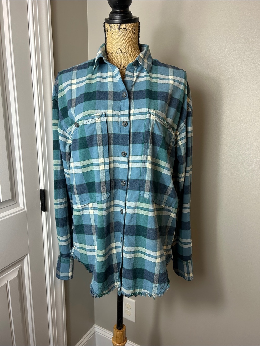 Free People Plaid Button-Down Shirt – Raw Hem – Chest Pockets